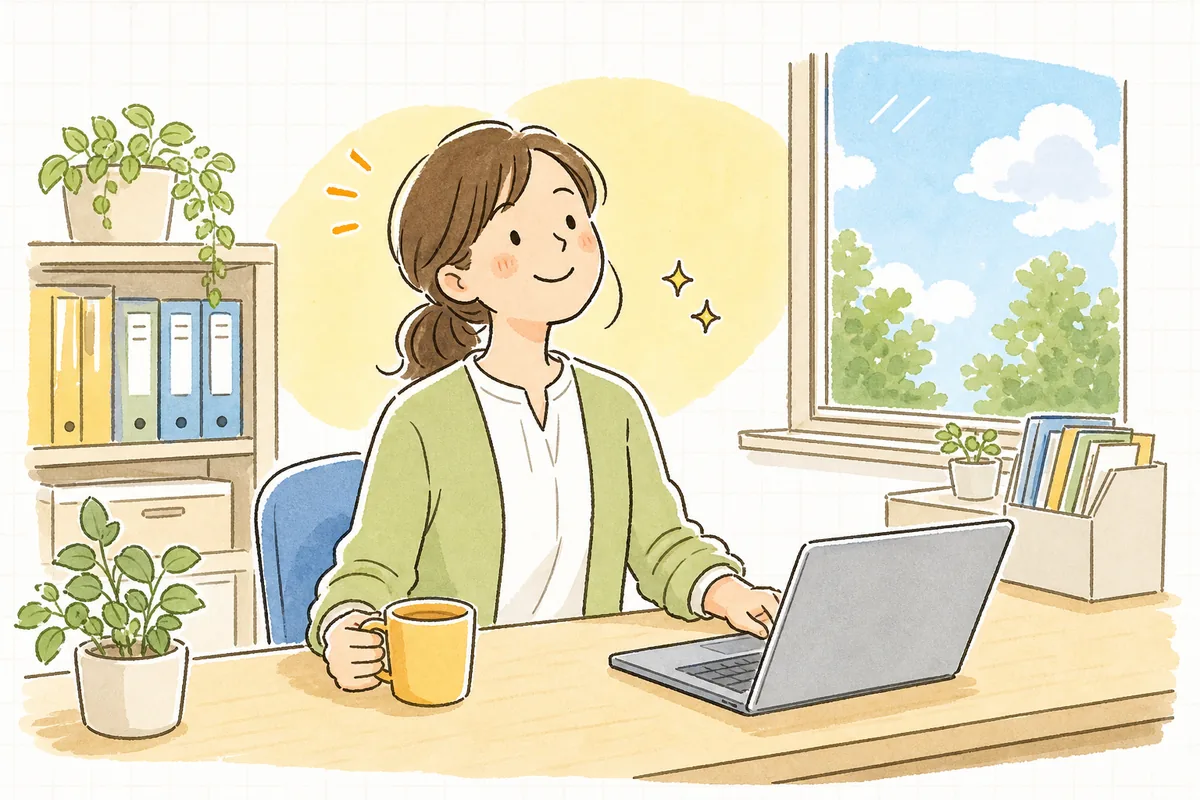 Web明細への切り替えを終えて、すっきり片づいた机の前で肩の力を抜いて穏やかにほほえむ労務担当者