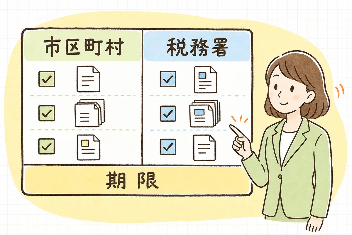 給与支払報告書と法定調書合計表について、提出先・提出期限・添付する源泉徴収票の範囲を左右2列で比較した表の概念図