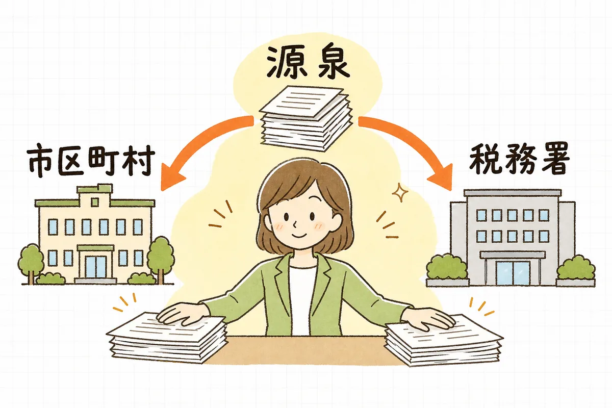 年末調整の結果である源泉徴収票のデータが、市区町村あての給与支払報告書と、税務署あての法定調書合計表の2つの流れに分かれていく様子を示した概念図