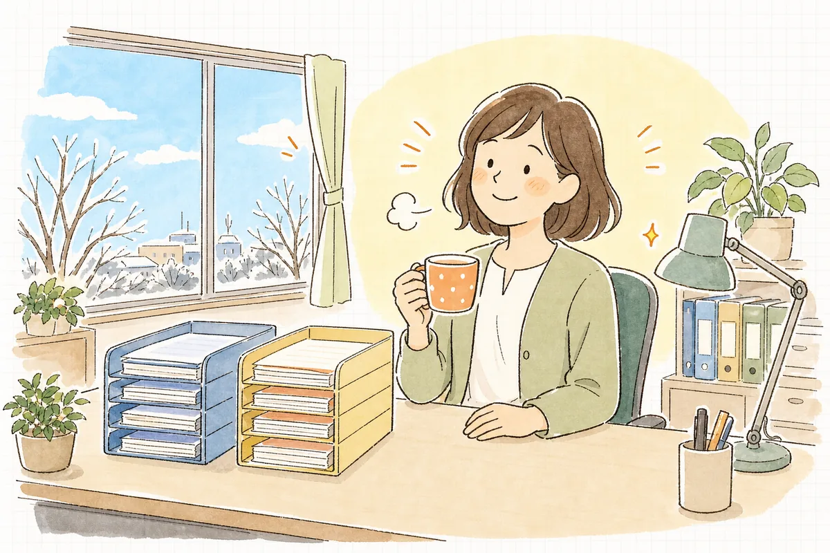 市区町村あてと税務署あての提出をどちらも終えて、すっきりと片づいた机の前で肩の力を抜いて穏やかにほほえむ労務担当者
