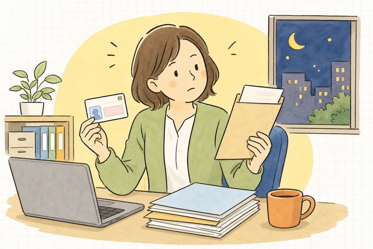 事務所の机でマイナンバーカードと資格確認書らしき書面、入社書類を前に、入社した社員に何を渡せばよいかを静かに確認している中小企業のひとり労務担当者