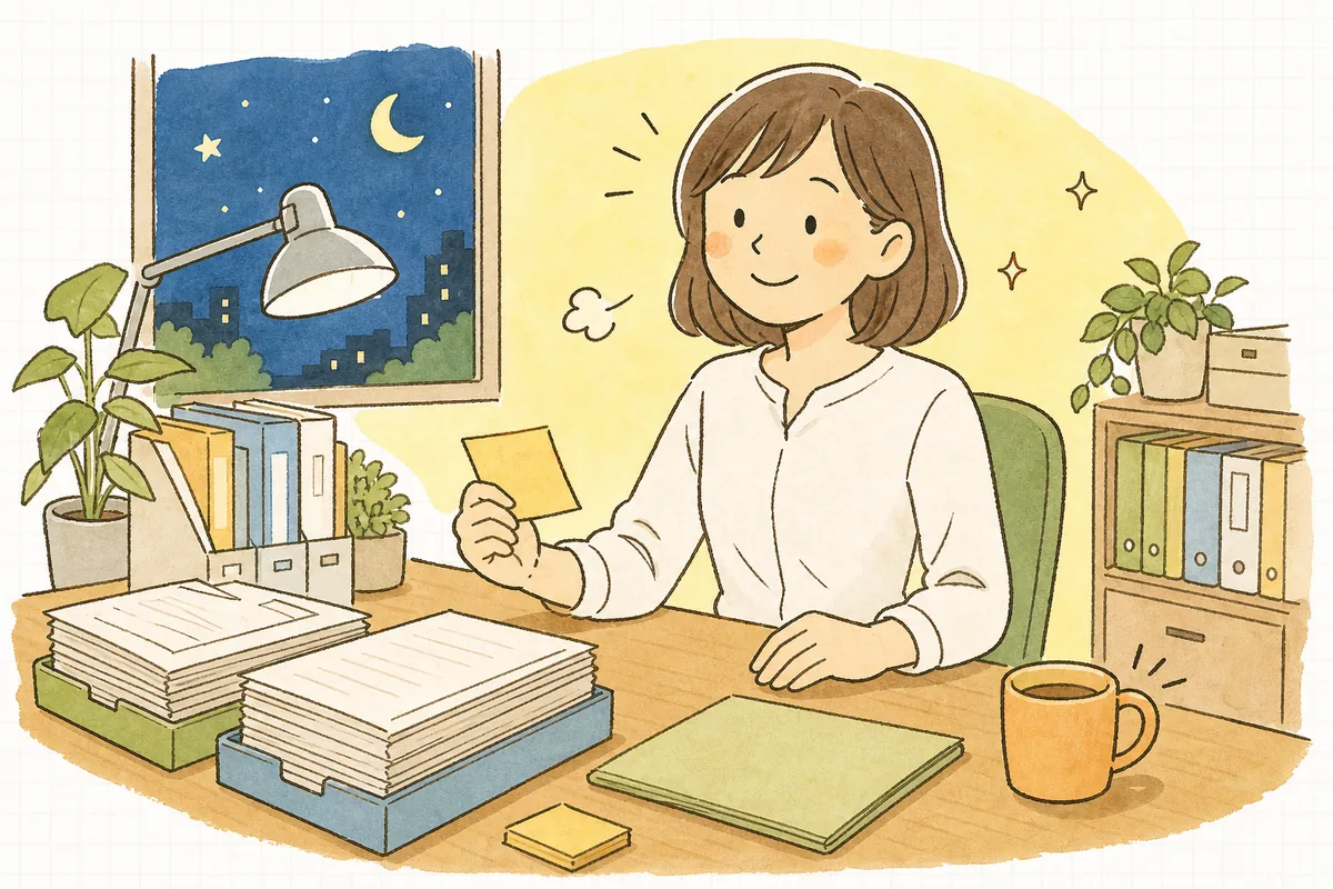 入社・退社で渡すもの回収するものを整理し終え、机の書類を前に肩の力が抜けて穏やかにほほえむ労務担当者