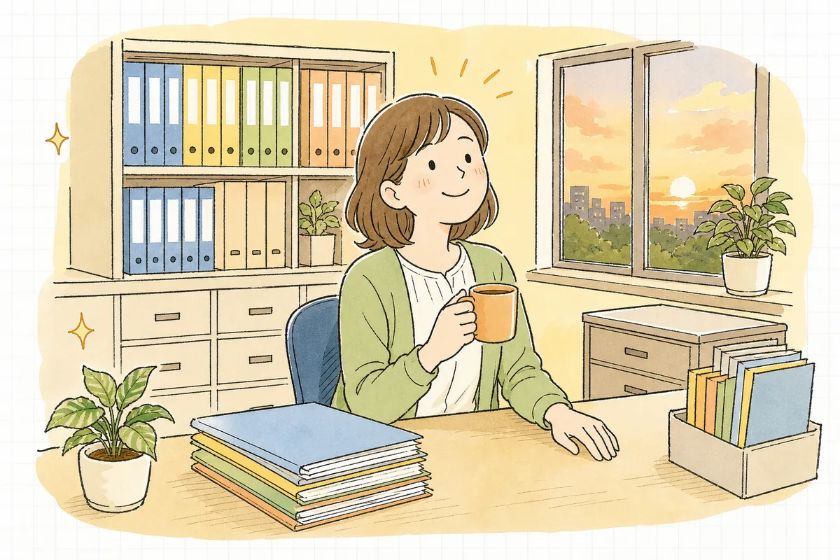 書類の整理を終え、ラベルを貼った鍵付きの引き出しの前で肩の力が抜けて穏やかにほほえむひとり労務担当者