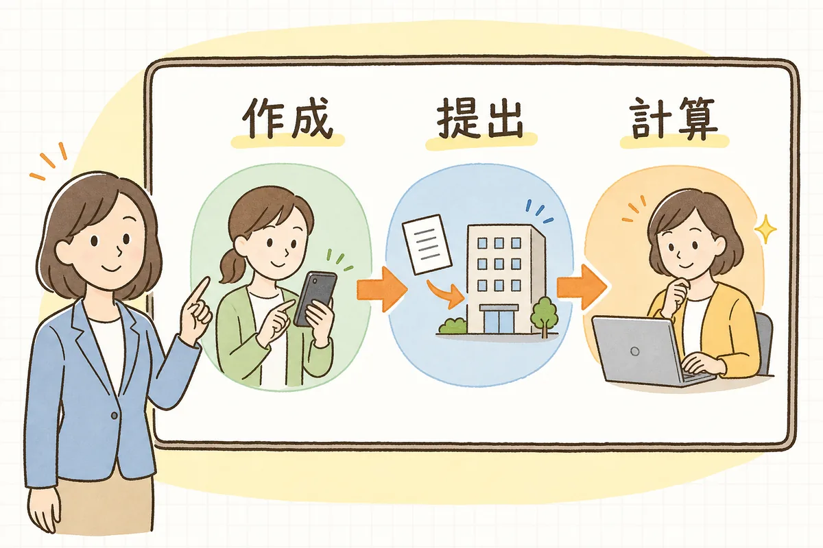 年末調整の電子化の流れを、従業員がデータを作成し、会社に提出し、会社が計算するという3つのステップで示した概念図