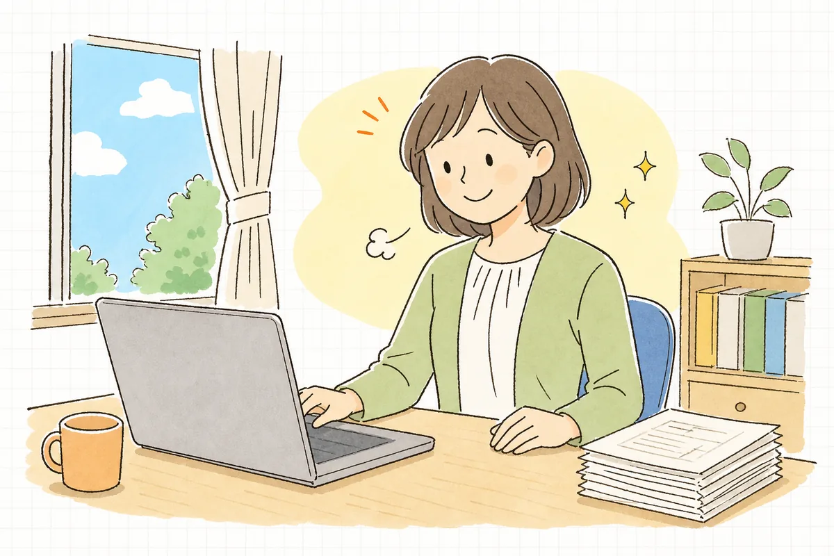 紙の申告書を少しだけ残しつつ、ノートパソコンで年末調整のデータを確認し終えて穏やかにほほえむ中小企業のひとり労務担当者