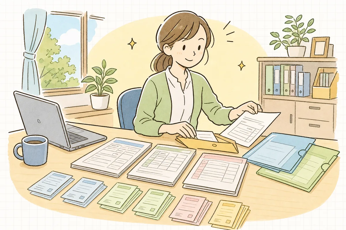 事務所の机で年末調整の申告書と控除証明書を種類ごとに広げ、封筒に仕分けしながら落ち着いて準備を進めている中小企業のひとり労務担当者