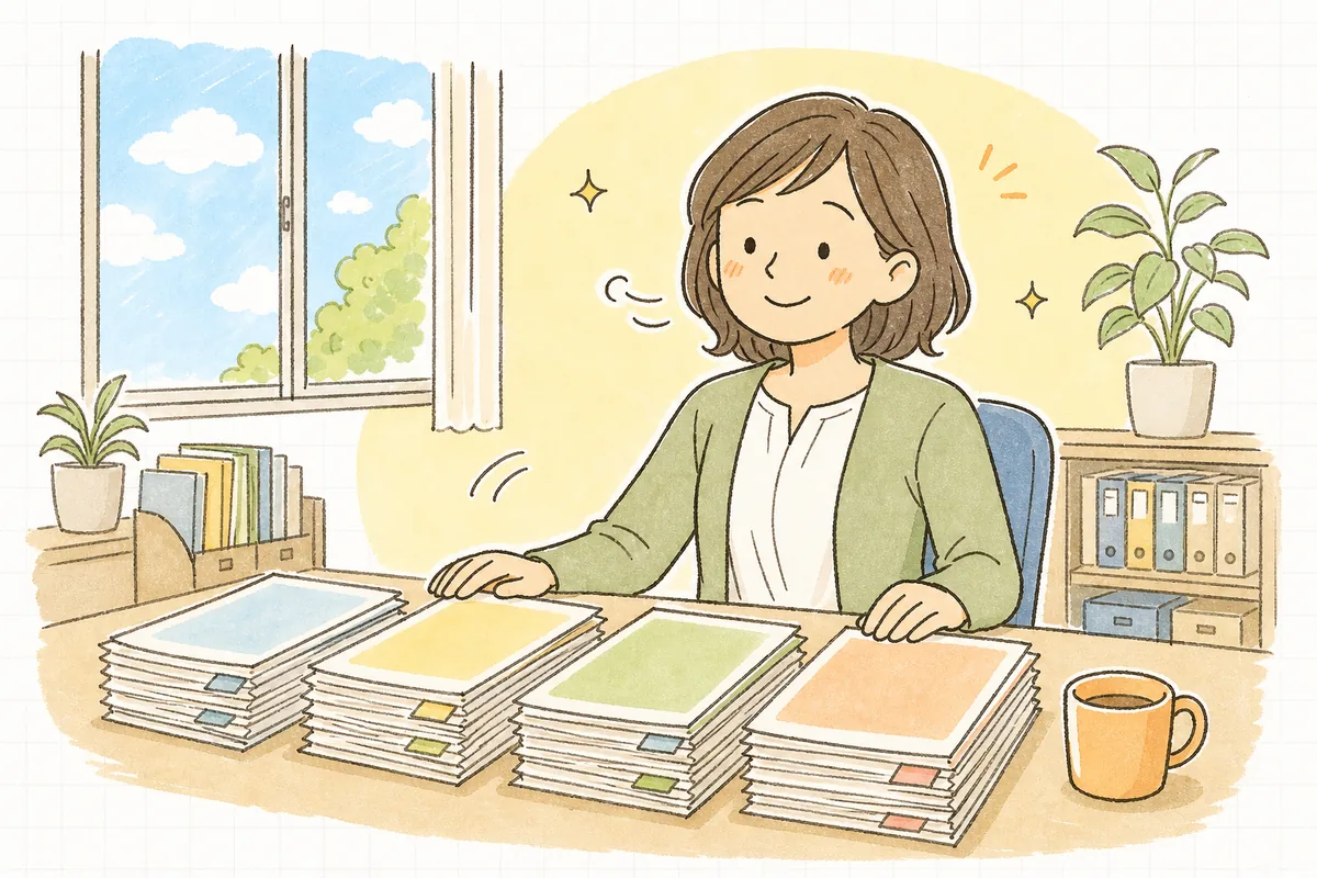 年末調整の書類を集め終え、封筒に整理し切って穏やかな表情で前を向いている中小企業のひとり労務担当者
