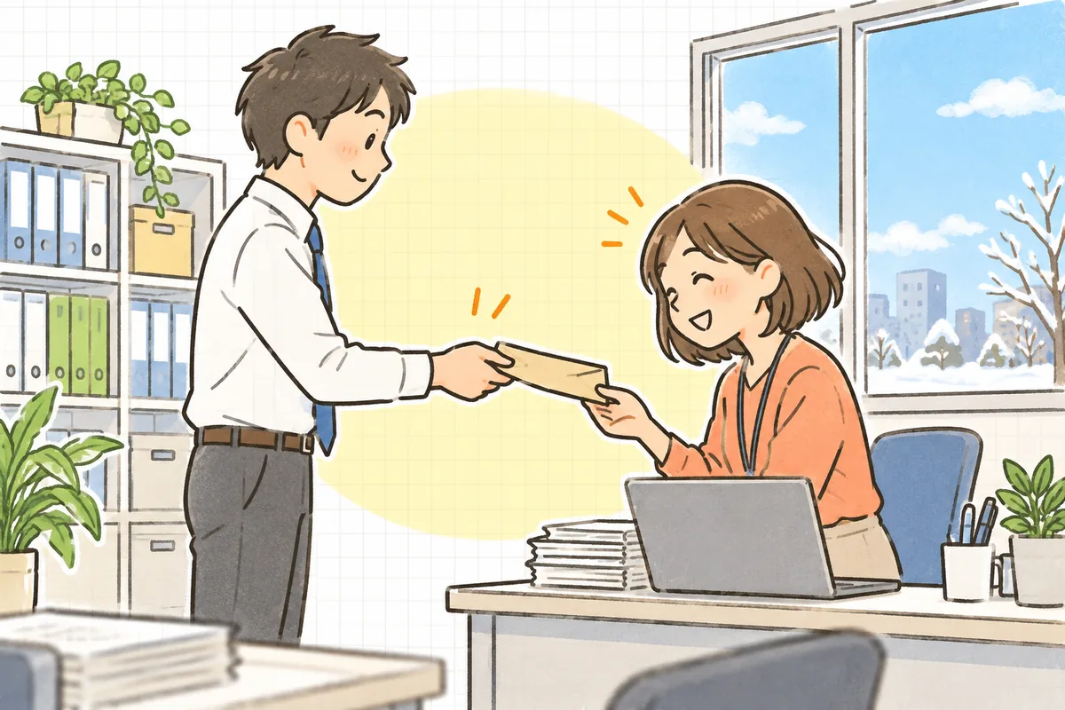 訂正した源泉徴収票の封筒を従業員の席まで届けて手渡し、笑顔を交わしているひとり労務担当者