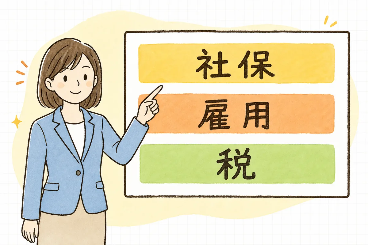 社会保険は入社日から5日以内、雇用保険は翌月10日まで、税の申告書は最初の給与前までという入社手続きの期限を早い順に並べた一覧図