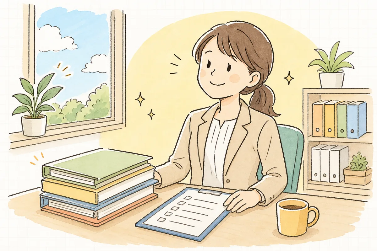 入社手続きを終え、整理されたファイルを前に新しい従業員を笑顔で迎える穏やかな表情のひとり労務担当者