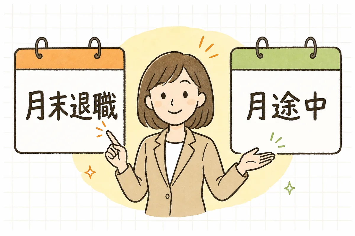 月末退職と月途中退職で退職月の社会保険料がかかるかどうかが変わることを、退職日の翌日が資格喪失日になる考え方で示した図