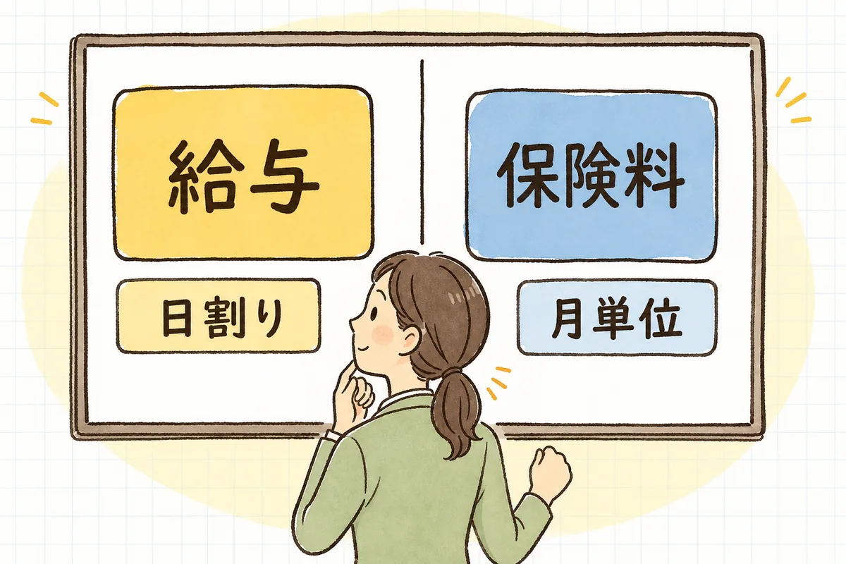 給与は日割り、社会保険料は月単位という2つの異なる考え方を左右に並べて対比した概念図