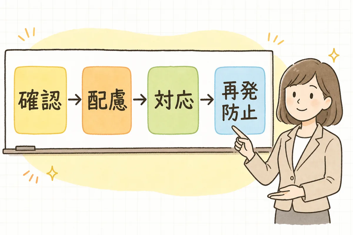 パワハラの相談を受けたときの対応を、事実確認・被害者への配慮・行為者への対応・再発防止の順に並べた流れ図