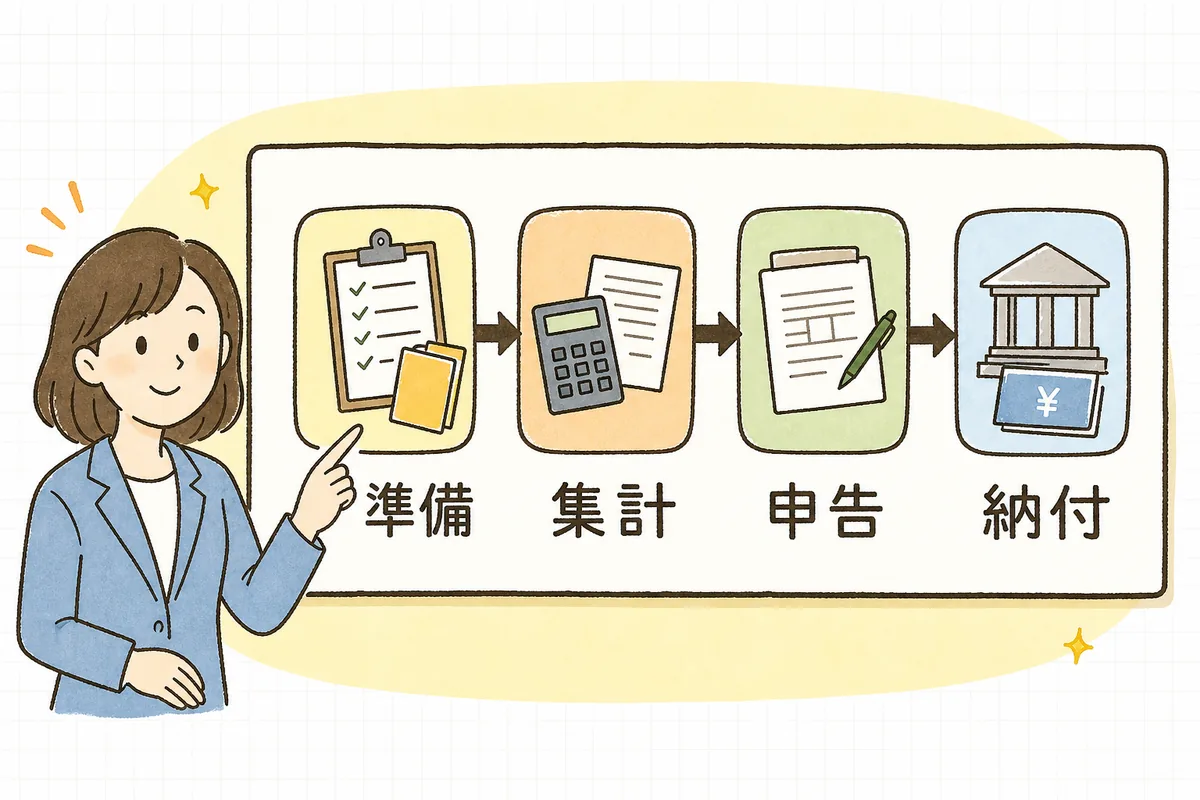 6月の申告書到着と賃金集計から7月10日の申告納付、延納なら10月・翌1月の分割納付までを左から右へ並べた年度更新のスケジュール図