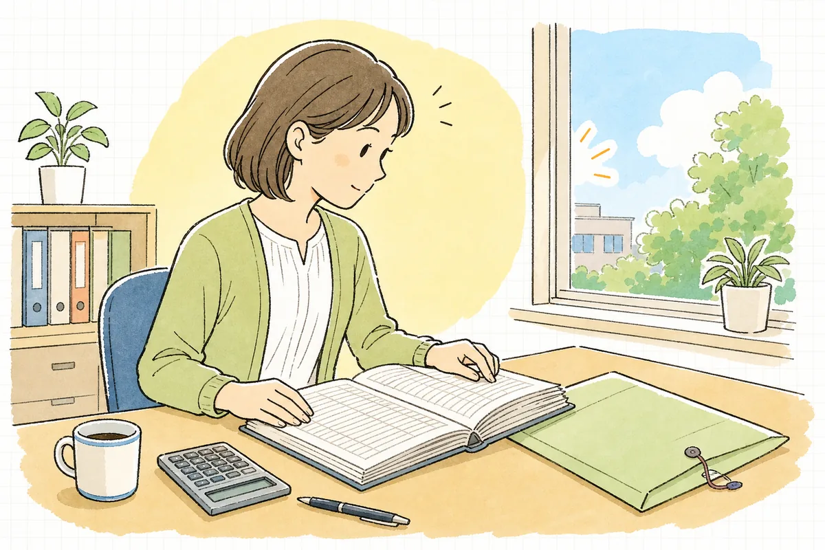 6月末の事務所で、前年度の賃金台帳と労働保険の年度更新の申告書を並べて賃金総額を確認している中小企業のひとり労務担当者