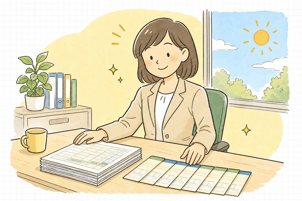 労働時間の線引きを整理し終えて、すっきりした表情で穏やかにほほえむ労務担当者