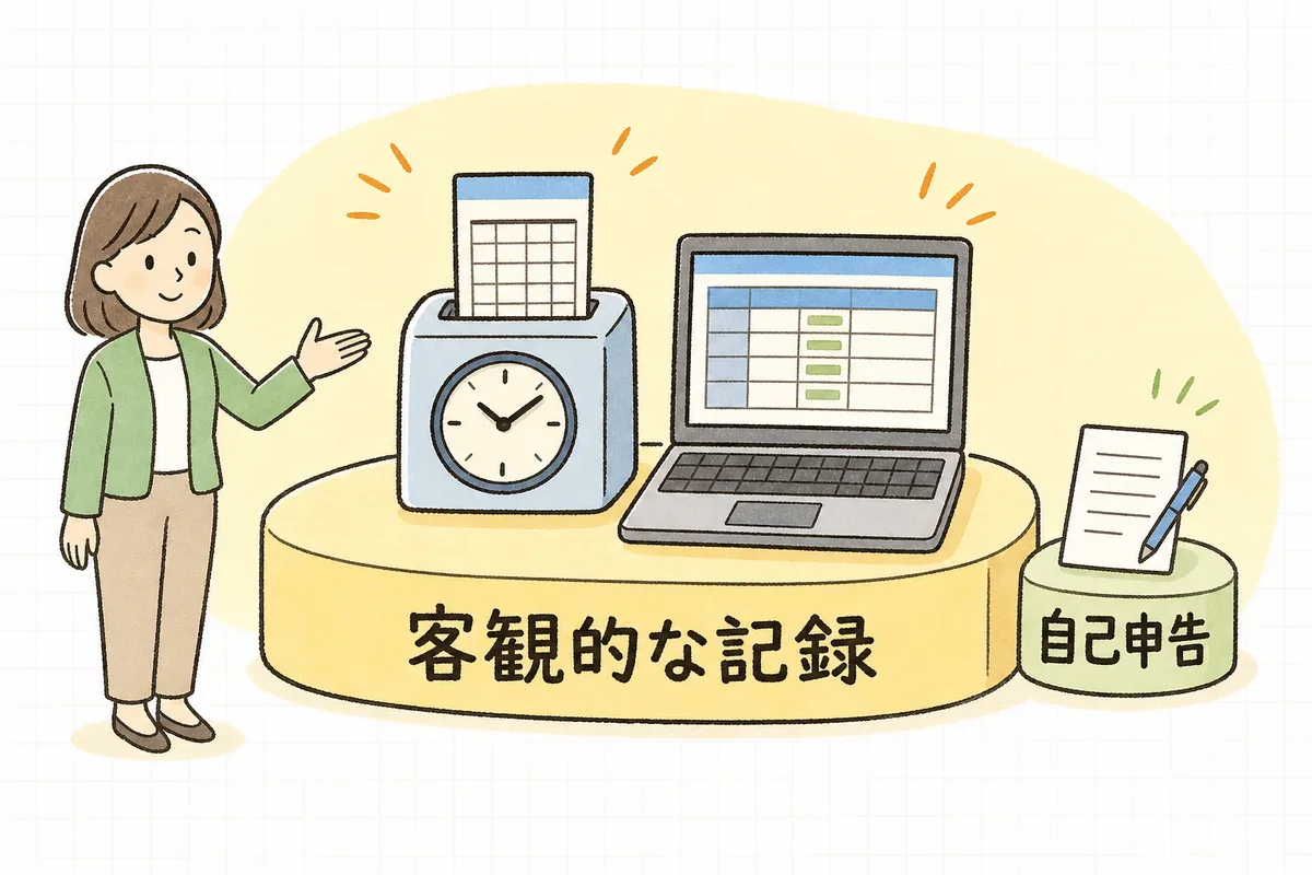 タイムカードやICカード、パソコンの記録といった客観的な方法が原則で、自己申告はやむを得ない場合の例外という関係を表す概念図