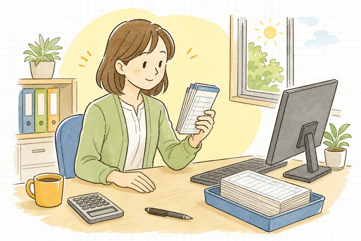 事務所の机でタイムカードの打刻とパソコンの勤怠画面を見比べ、記録がそろっているかを静かに確認している中小企業のひとり労務担当者