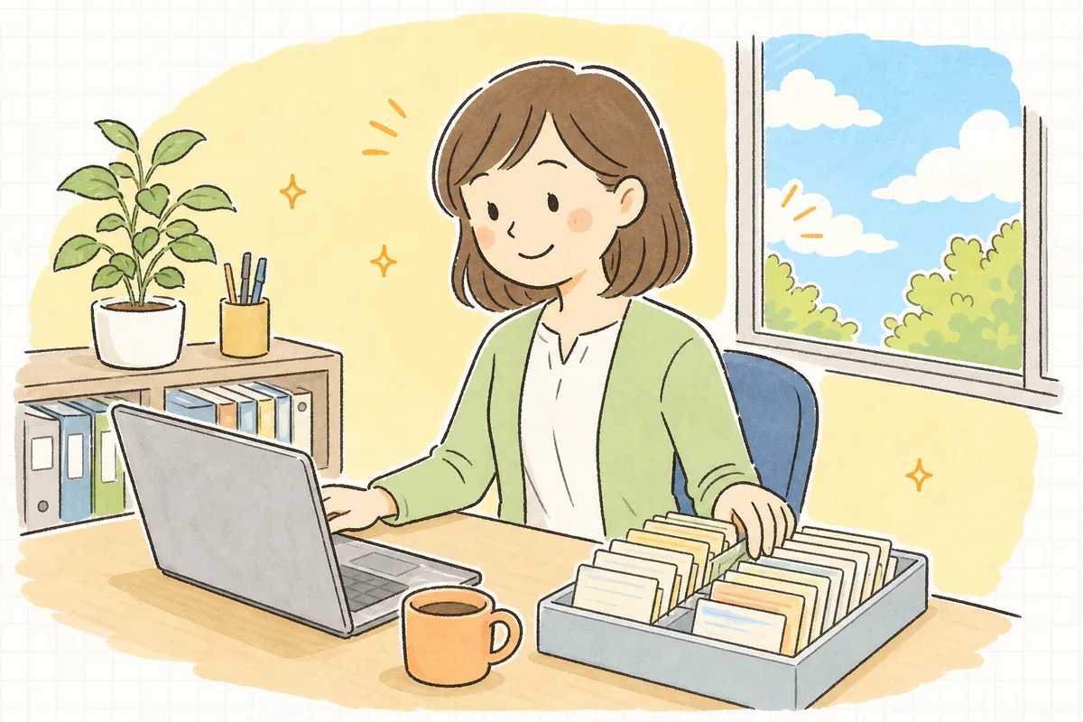 勤怠の記録を確認し終え、打刻データの整った画面を前に肩の力が抜けて穏やかにほほえむ労務担当者