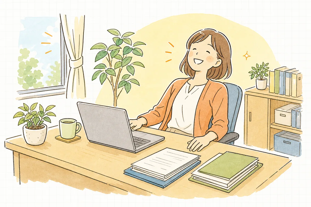 勤怠の集計単位を1分単位に切り替え終えて、画面を前に肩の力が抜けて穏やかにほほえんでいる労務担当者