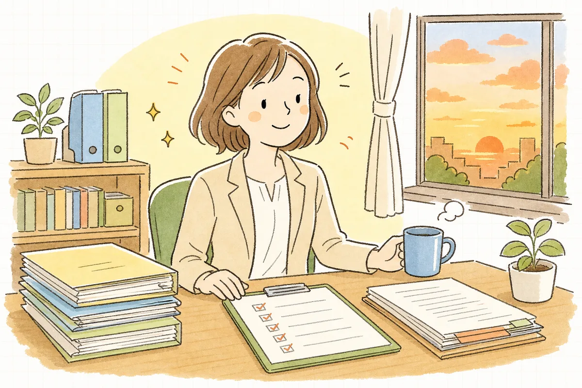 明示事項のそろった労働条件通知書を作り終え、整理された書類とチェックリストを前に肩の力が抜けて穏やかにほほえんでいるひとり労務担当者