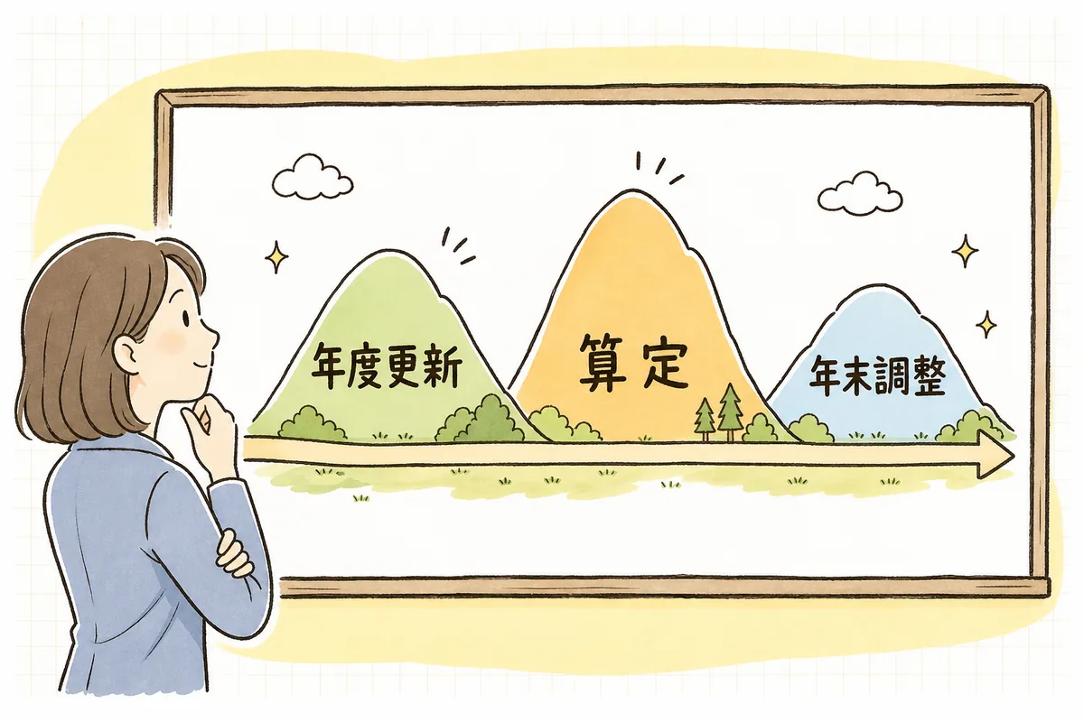 一年の流れを横一列に並べ、春の年度更新・夏の算定・冬の年末調整という3つの山を見渡す概念図