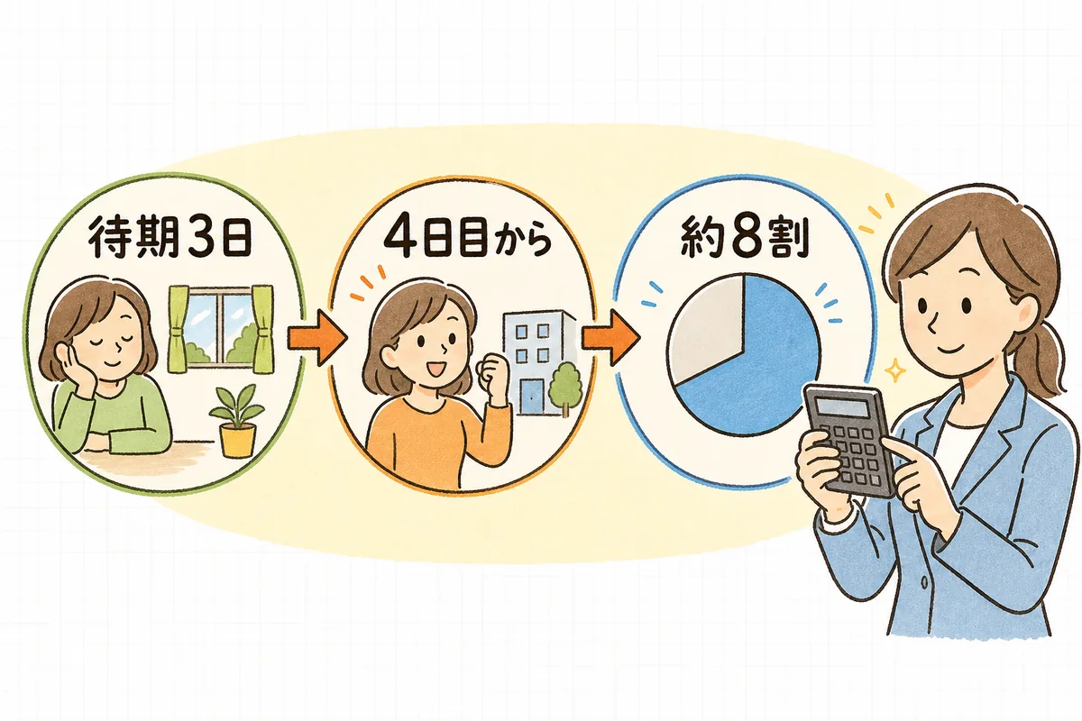 休業補償が待期3日のあと4日目から給付基礎日額のおよそ8割支給されることを示した計算イメージ図