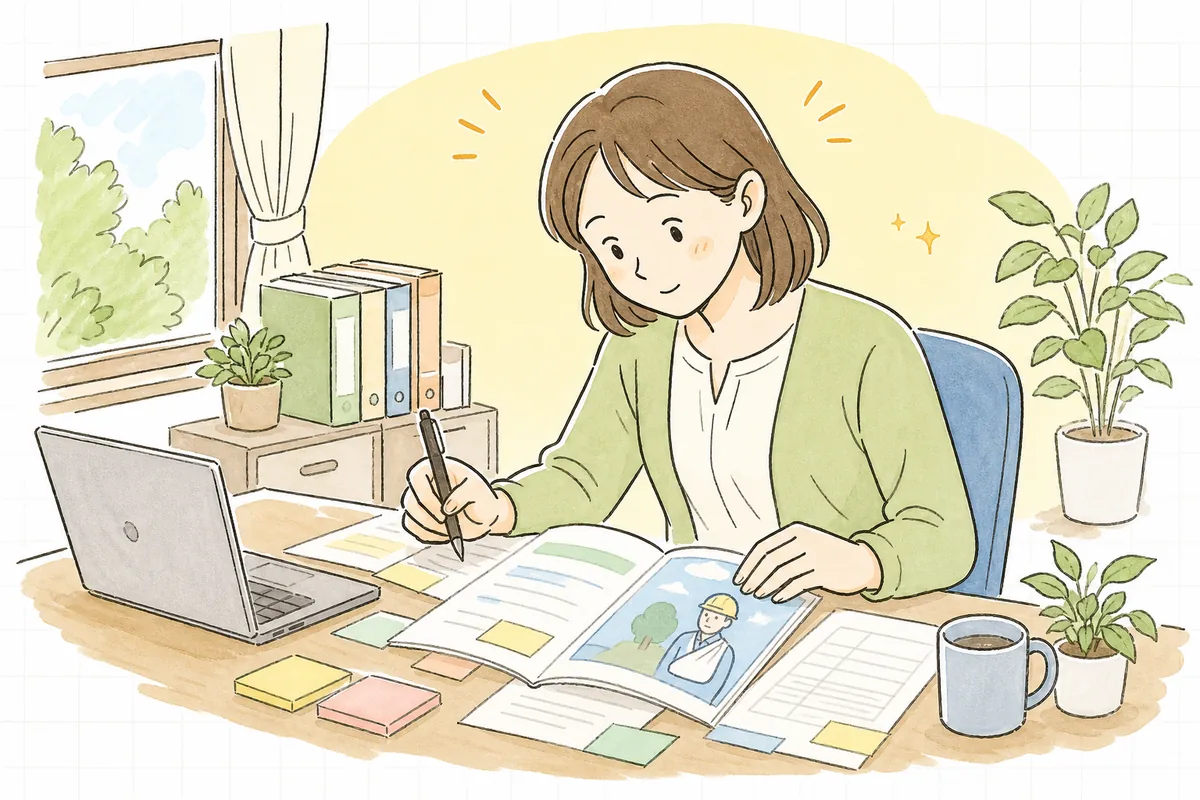 事務所の机で労災保険の請求書と資料を広げ、ケガをした従業員のために手続きの流れを落ち着いて確認している中小企業のひとり労務担当者