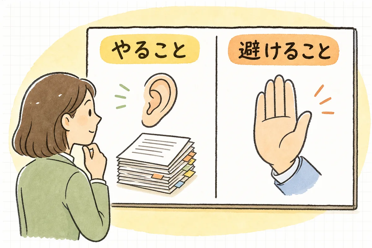 労使トラブルの初動で「やること」と「避けること」を左右に並べて対比した概念図