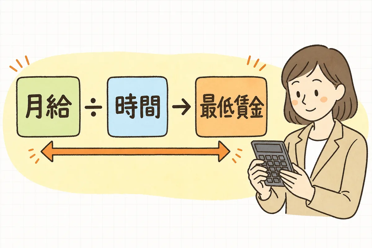 月給を1か月平均所定労働時間で割って時給に換算し、最低賃金と比べる点検の流れを示した概念図