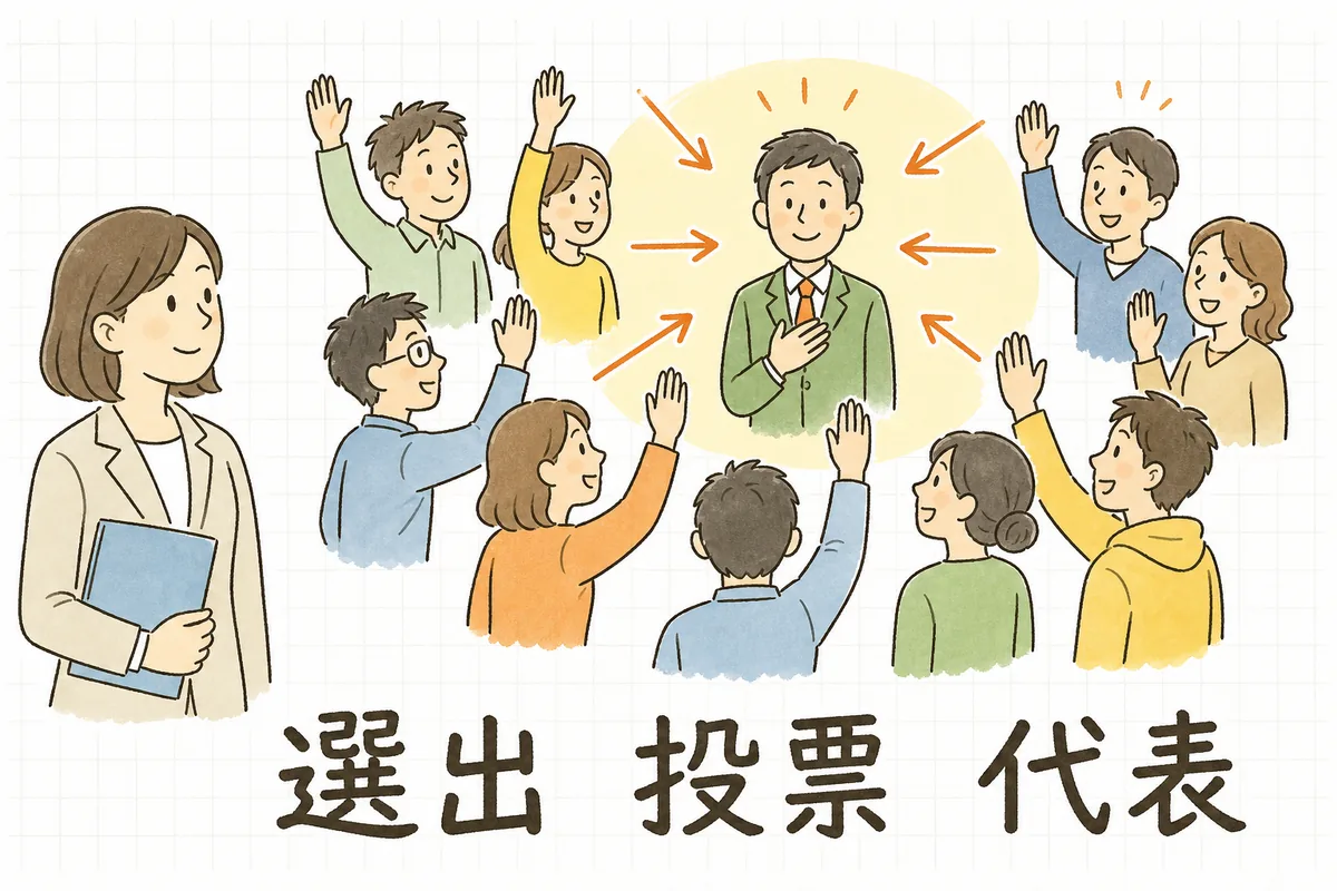 過半数代表者を投票や挙手などの民主的な方法で選び、管理監督者は代表になれないことを示した選出手順の概念図