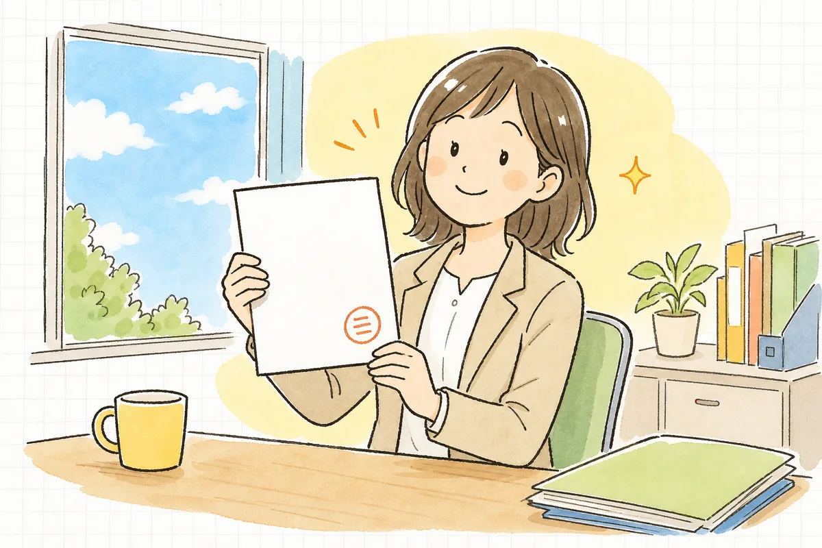 36協定の届出を終え、受付印の押された控えを手に肩の力が抜けて穏やかにほほえむ労務担当者
