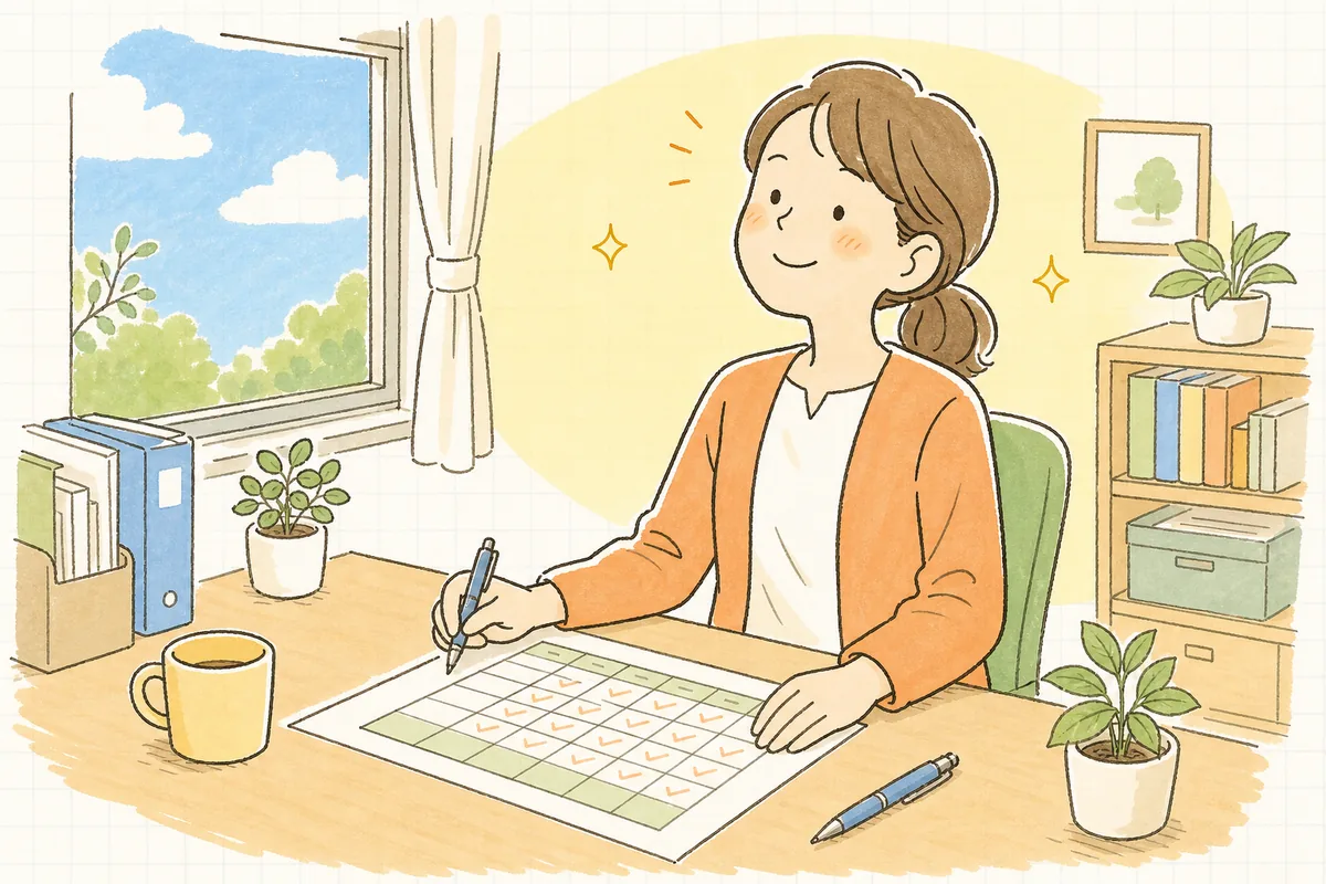 昨年の残業一覧に印をつけ終え、特別条項の要否の見通しが立って肩の力が抜けて穏やかにほほえむ労務担当者