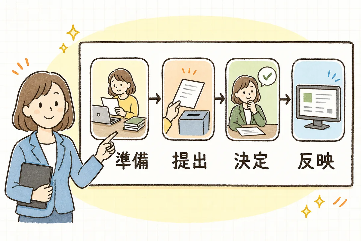 6月の準備から7月10日の提出、9月分の保険料への反映までを左から右へ並べた算定基礎届のスケジュール図