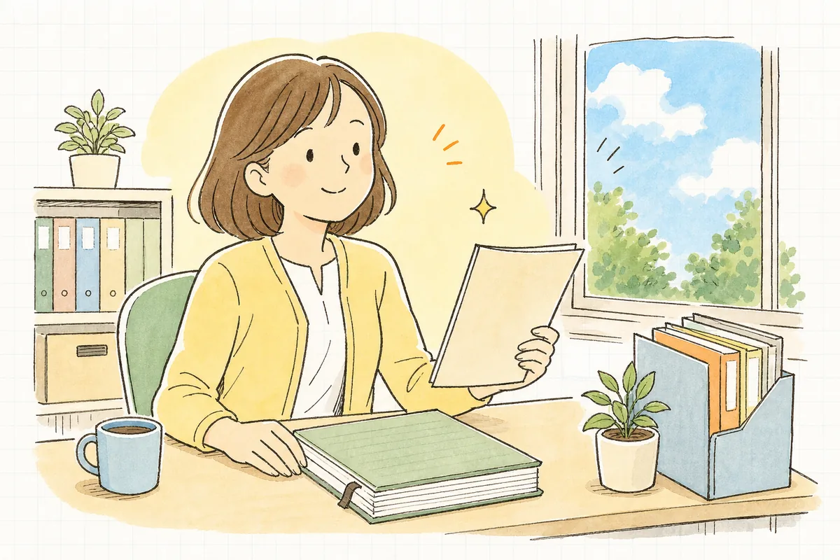 算定基礎届を出し終え、整理された給与台帳を前に肩の力が抜けて穏やかにほほえむ労務担当者