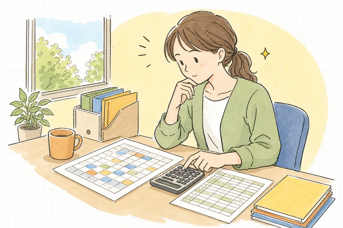 パート勤務の従業員の勤務時間表を見ながら、社会保険に加入するかどうかを落ち着いて確認している中小企業のひとり労務担当者