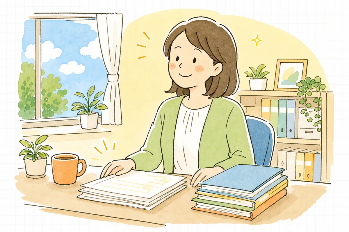 パートの加入判定を終え、整理した判定メモを前に穏やかにほほえむ中小企業のひとり労務担当者