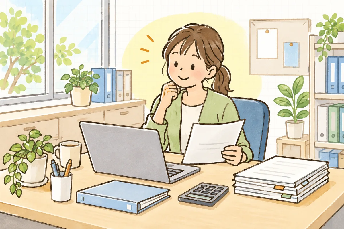 納入告知書と控除一覧の照合を終えて、納得したように小さくうなずき、穏やかにほほえんでいる労務担当者
