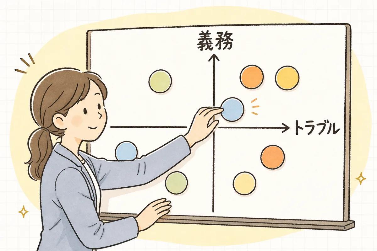 社内規程を「義務・不利益回避の高さ」と「トラブルの起きやすさ」の2つの軸で並べ替え、優先順位をつける考え方を示した概念図