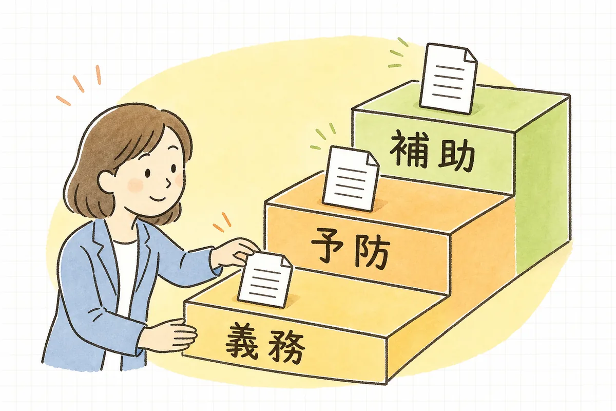 社内規程を第1優先(義務・不利益回避)・第2優先(トラブル予防)・第3優先(あると助かる)の3段階の階段として示した概念図