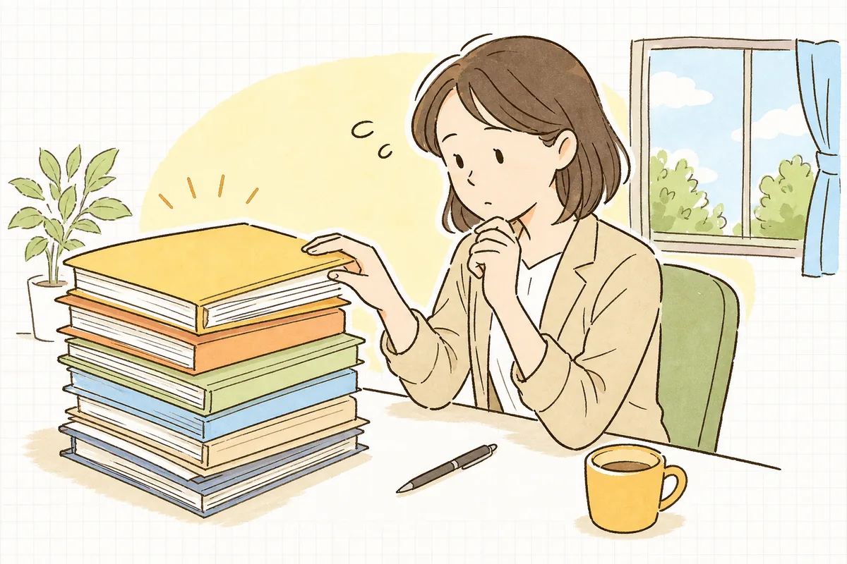 机の上に何冊もの規程のファイルを積み上げ、どれから手をつけるか迷いながら一冊を手に取ろうとしている中小企業のひとり労務担当者