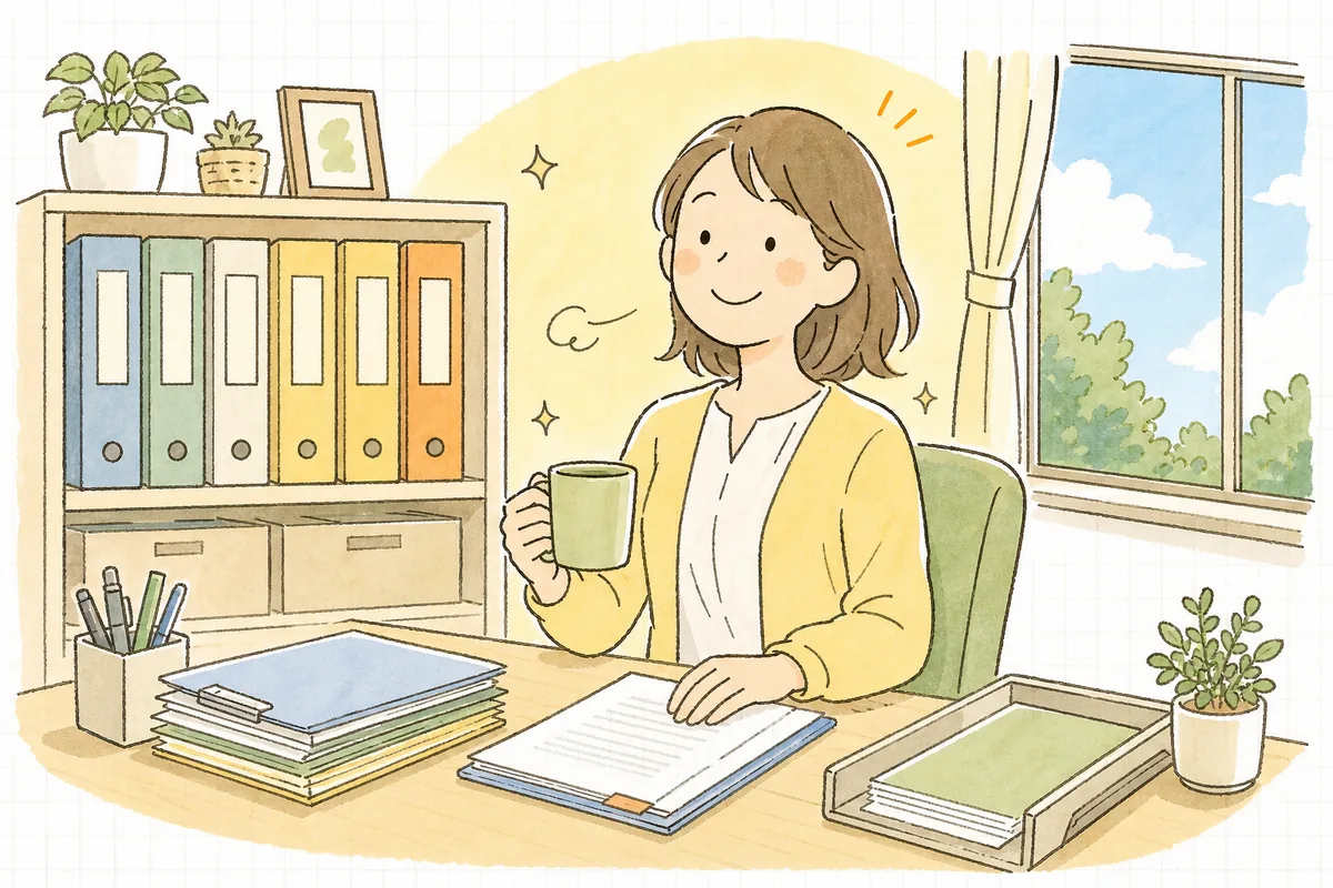 整理された数冊の規程ファイルが背表紙をそろえて棚に並び、その前で肩の力が抜けて穏やかにほほえむ労務担当者