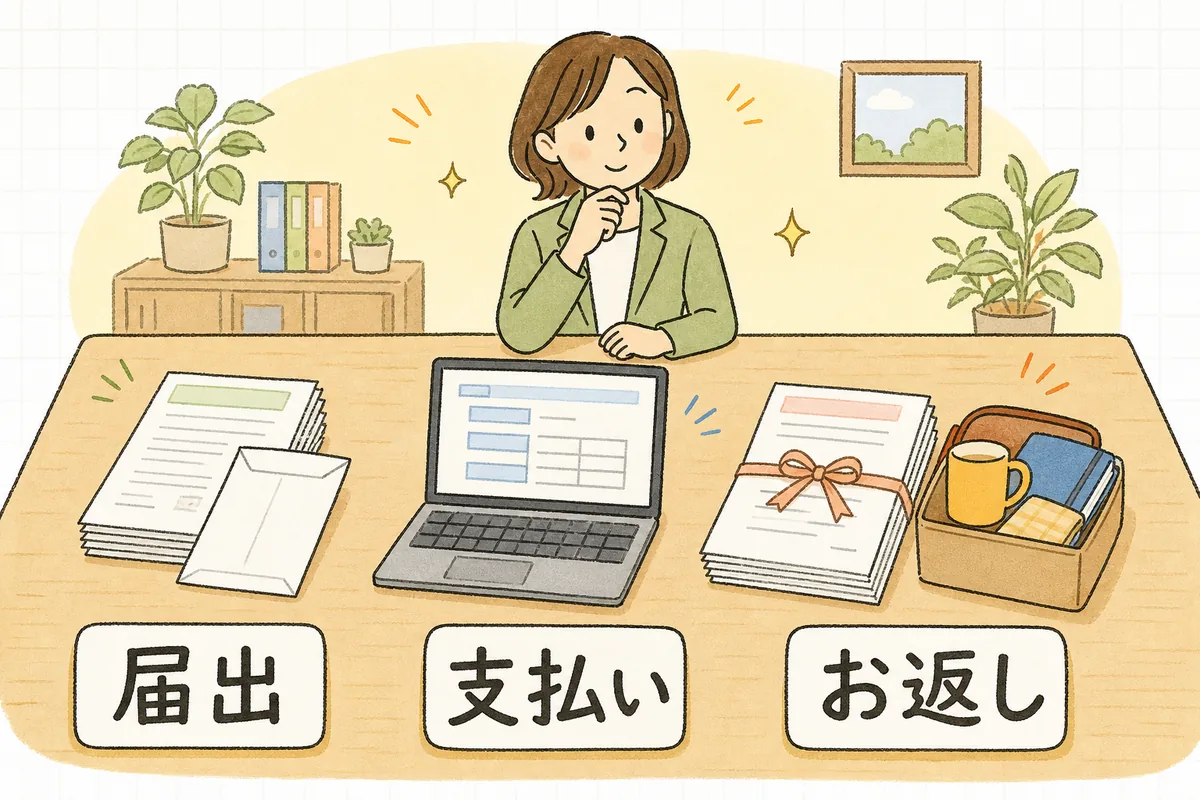 死亡退職の手続きを、役所に出す書類の束(届出)、振込画面のノートパソコン(支払い)、ご遺族に渡す書類と私物をまとめた箱(お返し)の3つに分けて並べた概念図