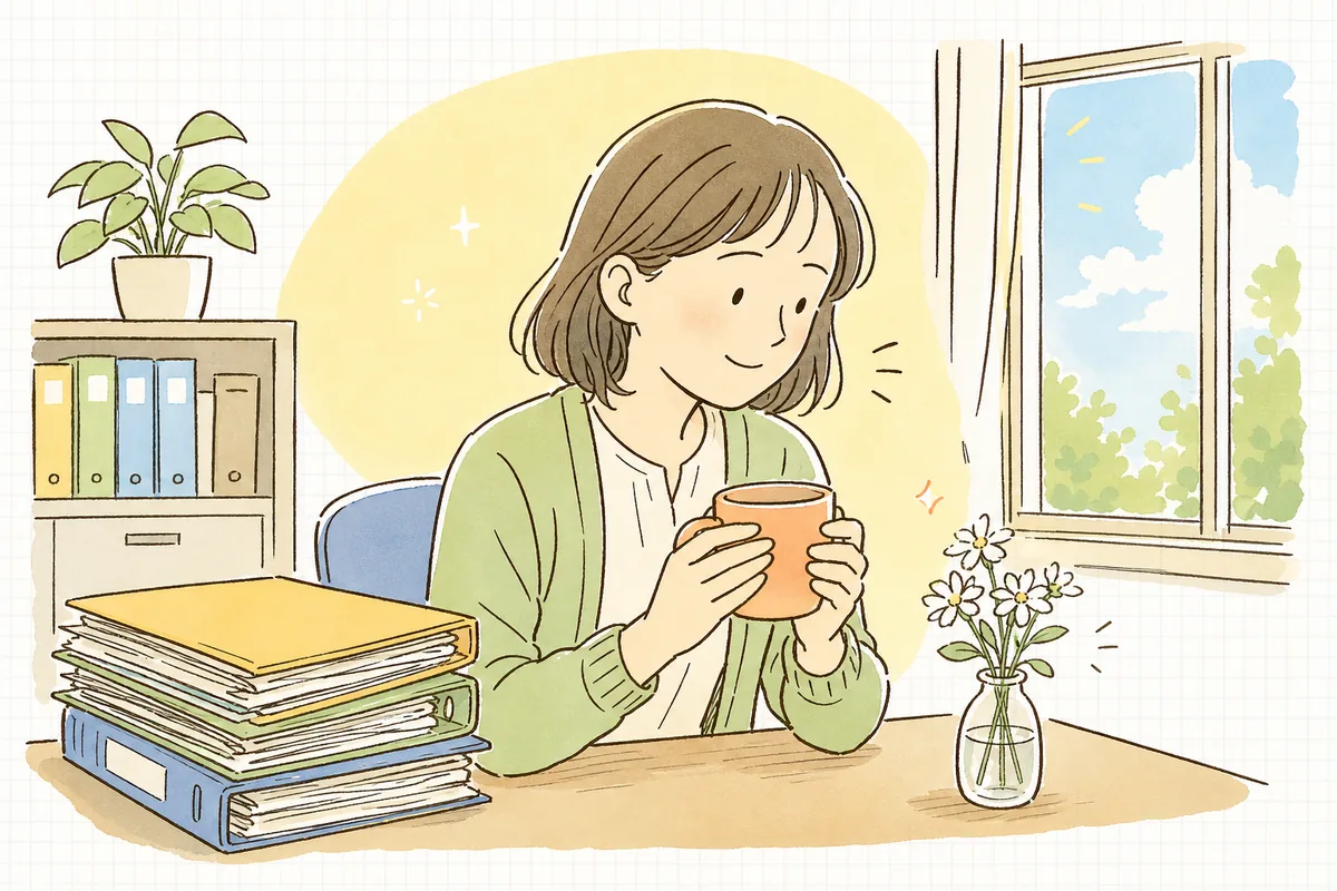 やわらかな朝の光が差す事務所で、手続きを終えて一息つき、机の小さな花を見ながら穏やかな表情を浮かべているひとり労務担当者