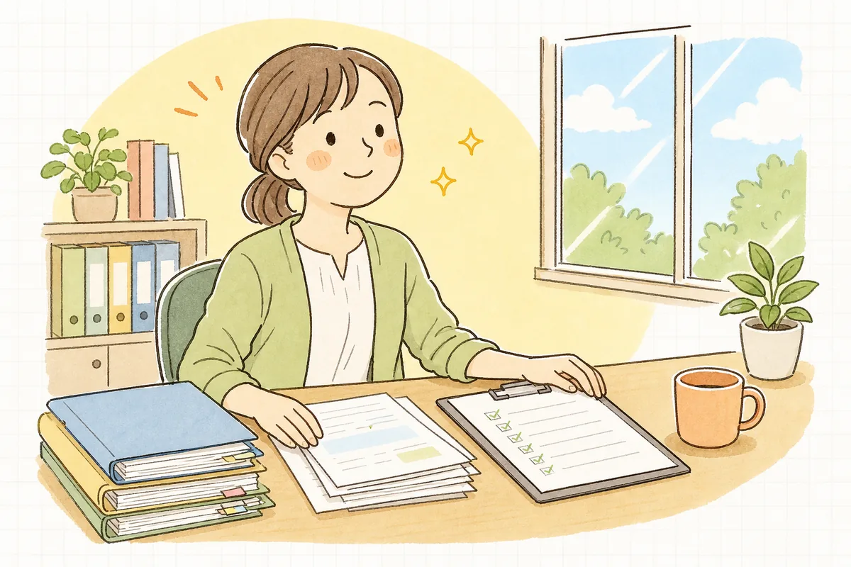 資格取得届を出し終え、整理された書類を前に肩の力が抜けて穏やかにほほえんでいるひとり労務担当者