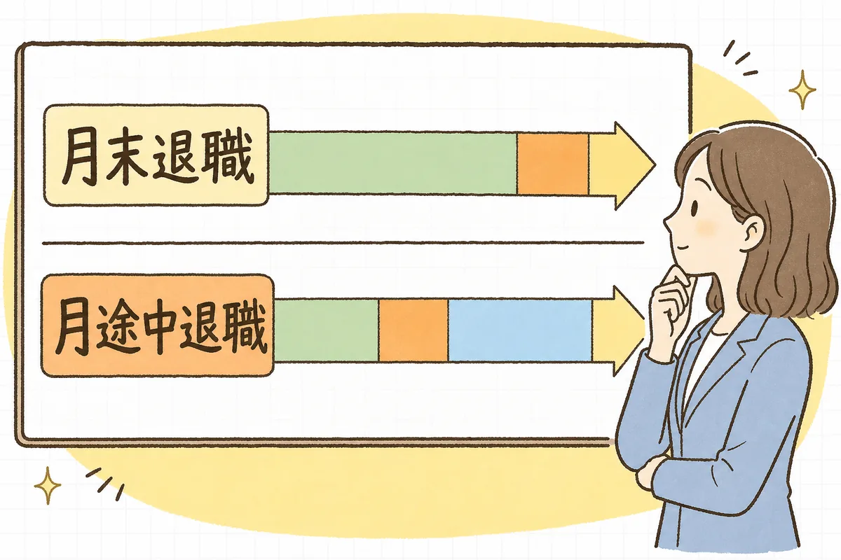 月末退職だと退職月の社会保険料までかかり、月途中退職だと退職月の保険料はかからないという保険料負担の違いを2つのケースで比べた概念図