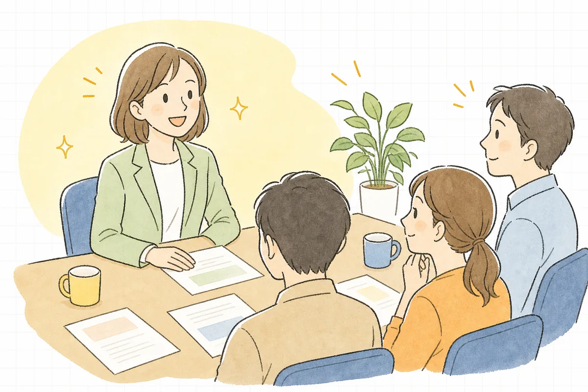 移行の段取りを説明し終えた会議室で、従業員たちのうなずく様子を見て、ほっとした笑顔を見せる中小企業のひとり労務担当者