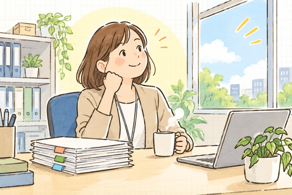 朝の明るい事務所で、休職の段取りを整理し終えた労務担当者が、窓の外の晴れた空を見ながら穏やかに一息ついている様子