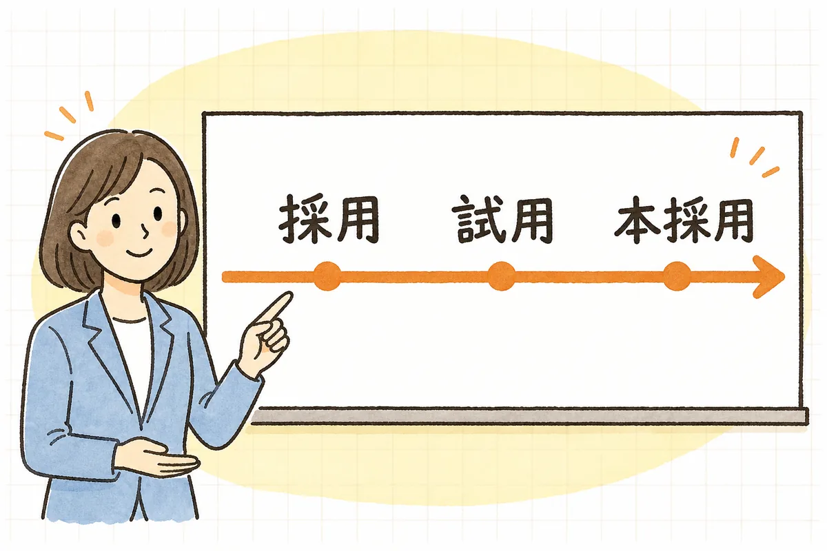採用から試用期間を経て本採用に至るまでが、初日から始まる一本の労働契約の線としてつながっていることを示す概念図