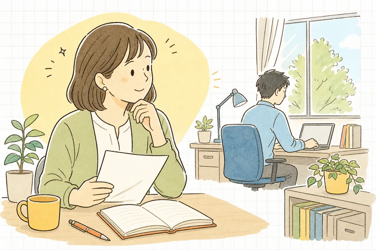 入社してきた新しい従業員の様子を、面談の記録を手に穏やかに見守りながら試用期間の進め方を考えている中小企業のひとり労務担当者